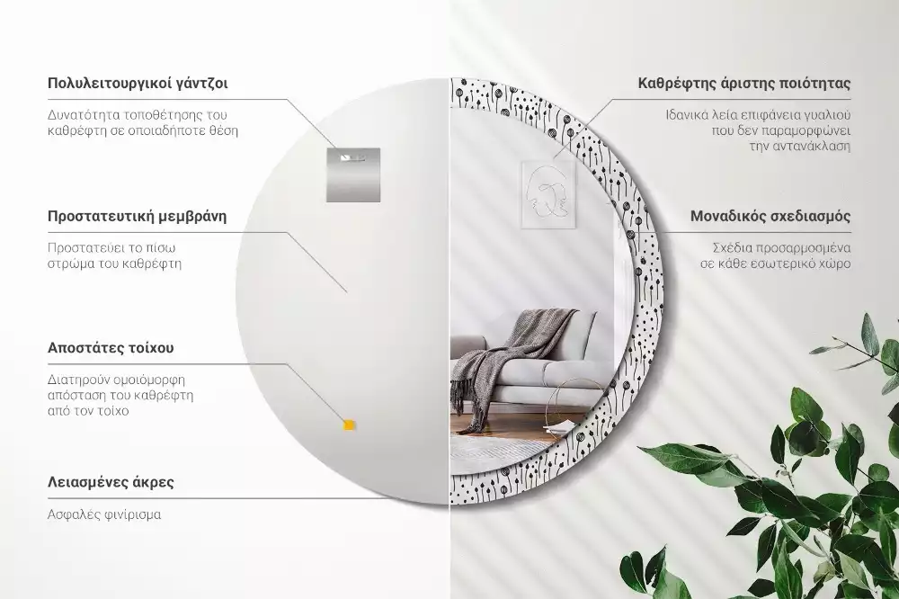 Lustro ścienne dekoracyjne w kształcie koła z motywem rysunku kwiatowego