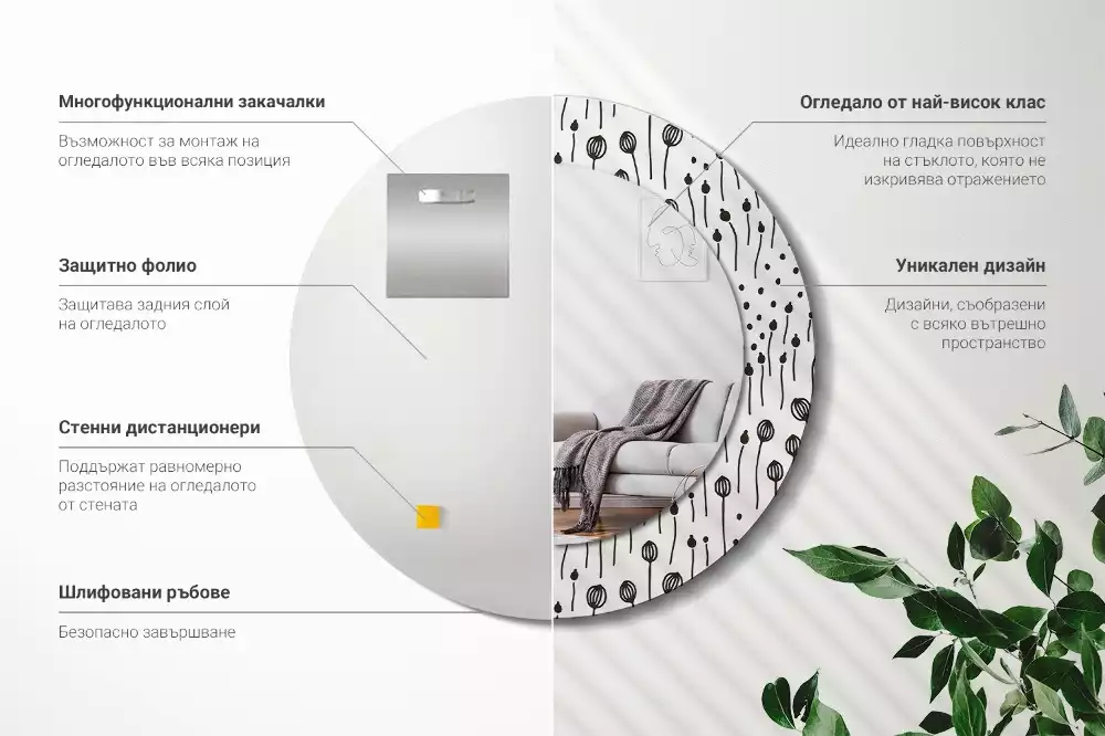 Lustro ścienne dekoracyjne w kształcie koła z motywem rysunku kwiatowego