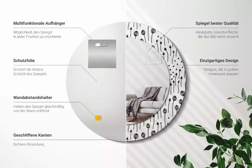 Lustro ścienne dekoracyjne w kształcie koła z motywem rysunku kwiatowego