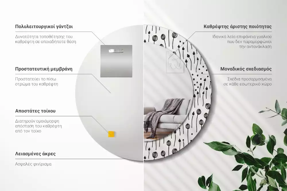 Lustro ścienne dekoracyjne w kształcie koła z motywem rysunku kwiatowego