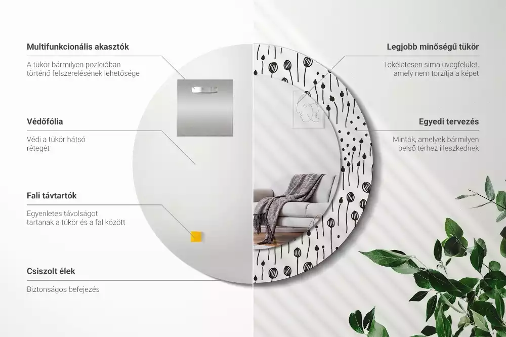 Lustro ścienne dekoracyjne w kształcie koła z motywem rysunku kwiatowego