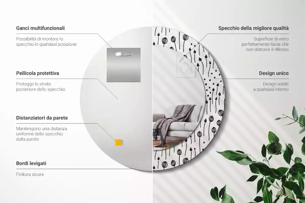 Lustro ścienne dekoracyjne w kształcie koła z motywem rysunku kwiatowego