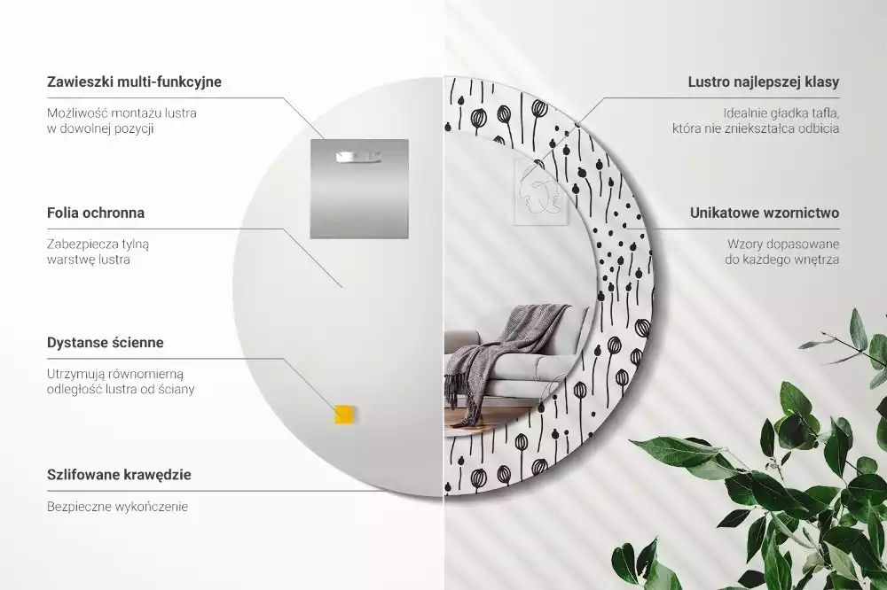 Lustro ścienne dekoracyjne w kształcie koła z motywem rysunku kwiatowego