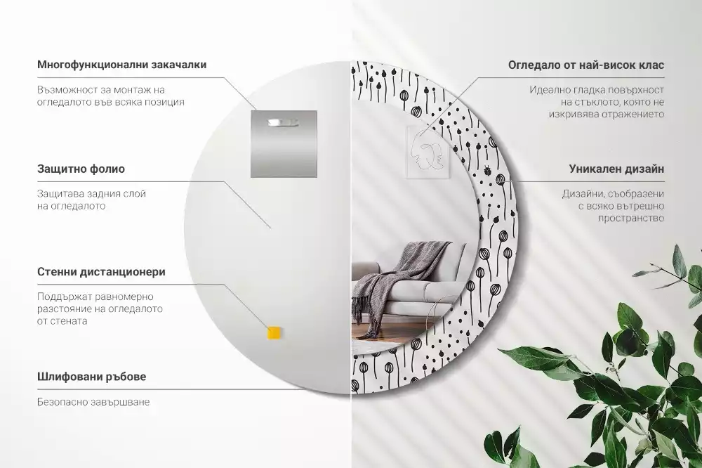 Lustro ścienne dekoracyjne w kształcie koła z motywem rysunku kwiatowego