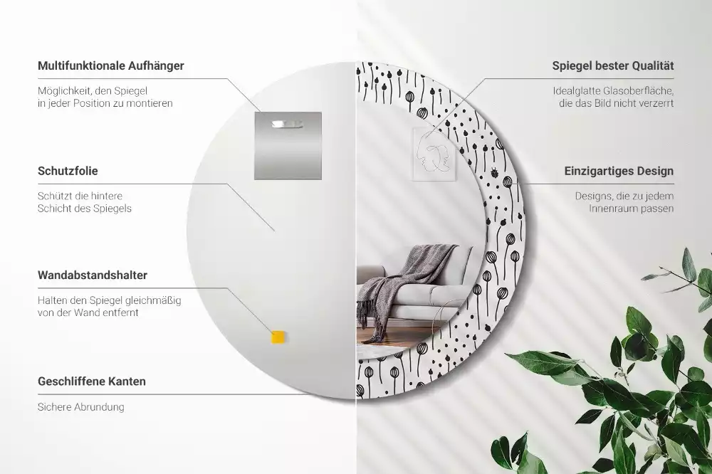 Lustro ścienne dekoracyjne w kształcie koła z motywem rysunku kwiatowego