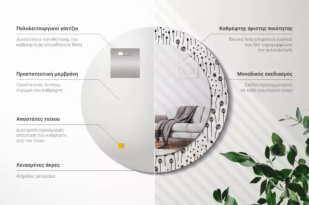 Lustro ścienne dekoracyjne w kształcie koła z motywem rysunku kwiatowego