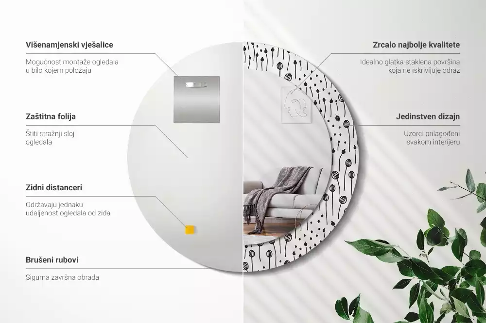 Lustro ścienne dekoracyjne w kształcie koła z motywem rysunku kwiatowego