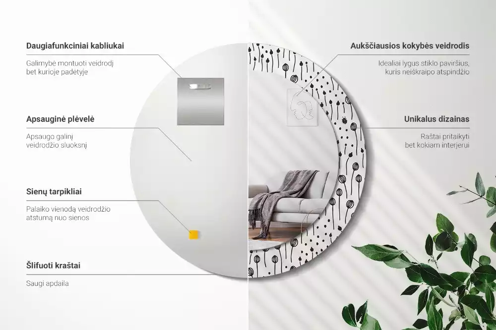 Lustro ścienne dekoracyjne w kształcie koła z motywem rysunku kwiatowego