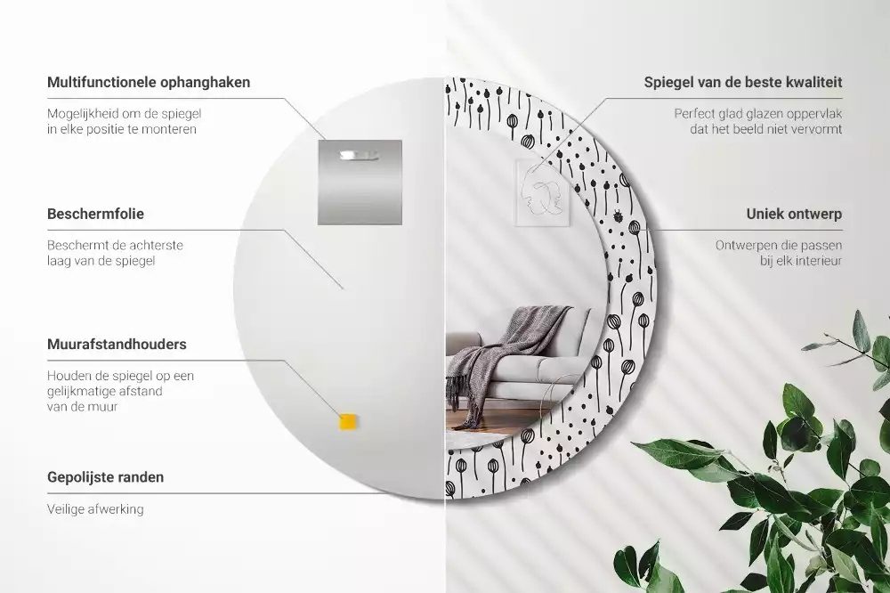 Lustro ścienne dekoracyjne w kształcie koła z motywem rysunku kwiatowego