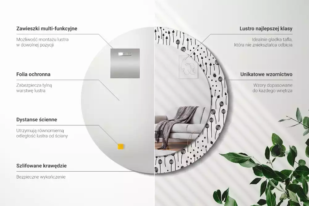 Lustro ścienne dekoracyjne w kształcie koła z motywem rysunku kwiatowego