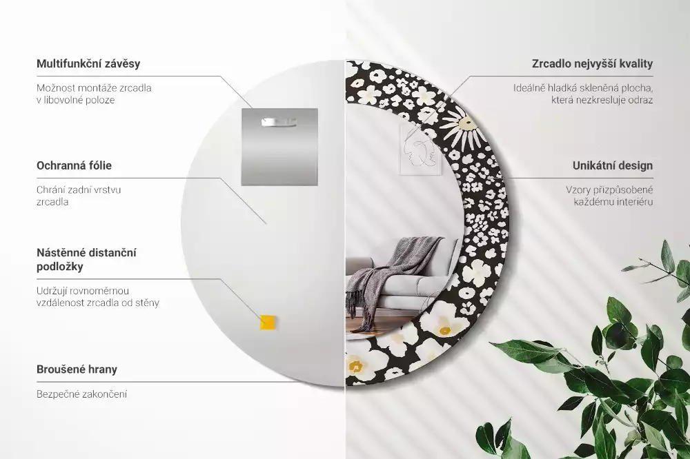 Lustro z okrągłą ramką z nadrukiem stokrotek