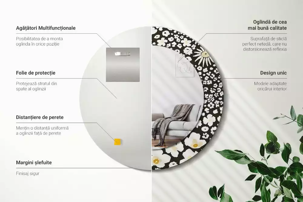 Lustro z okrągłą ramką z nadrukiem stokrotek