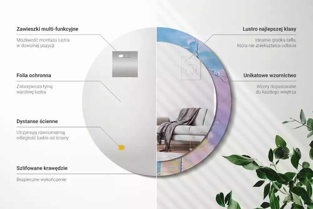 Lustro okrągłe z drukowaną ramką o fakturze farby olejnej