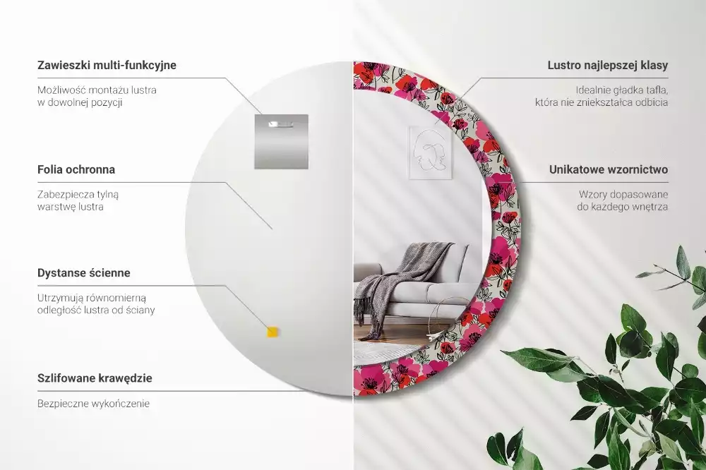 Lustro z ramą i nadrukiem przedstawiającym różowe maki