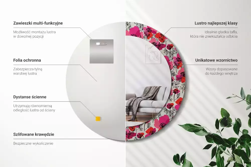 Lustro z ramą i nadrukiem przedstawiającym różowe maki