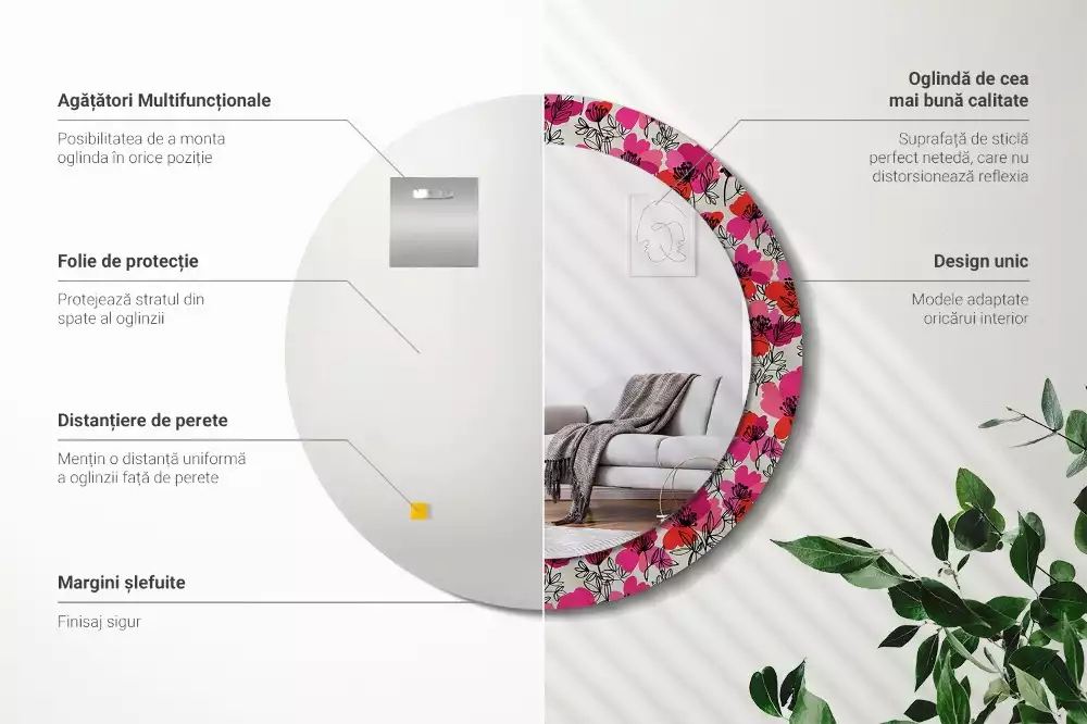 Lustro z ramą i nadrukiem przedstawiającym różowe maki