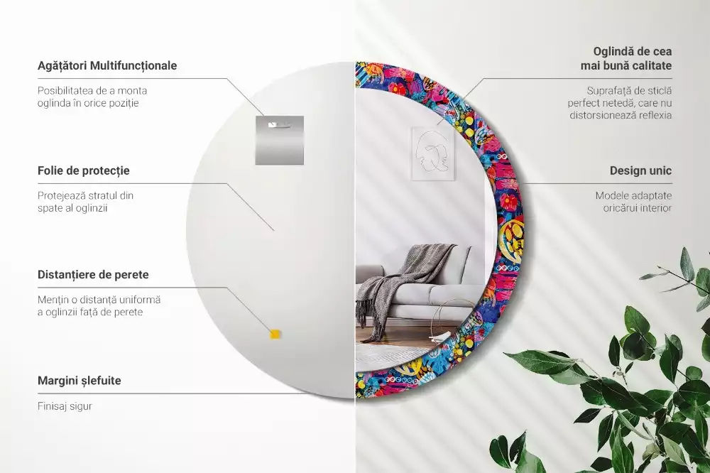 Lustro z drukowaną ramką w motywie kolorowych bazgrołów