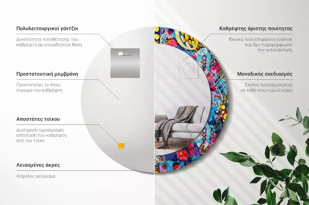 Lustro z drukowaną ramką w motywie kolorowych bazgrołów