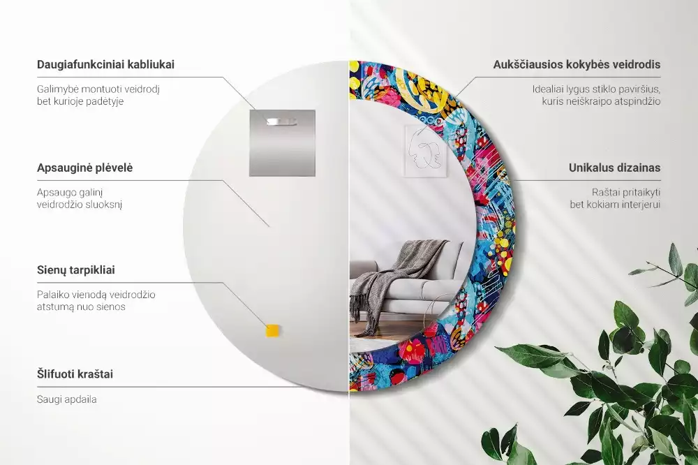 Lustro z drukowaną ramką w motywie kolorowych bazgrołów