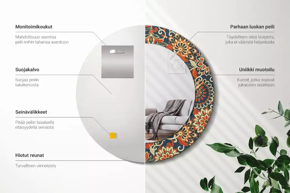 Lustro w metalowej ramie z nadrukiem w stylu retro z motywem kwiatowym, okrągłe