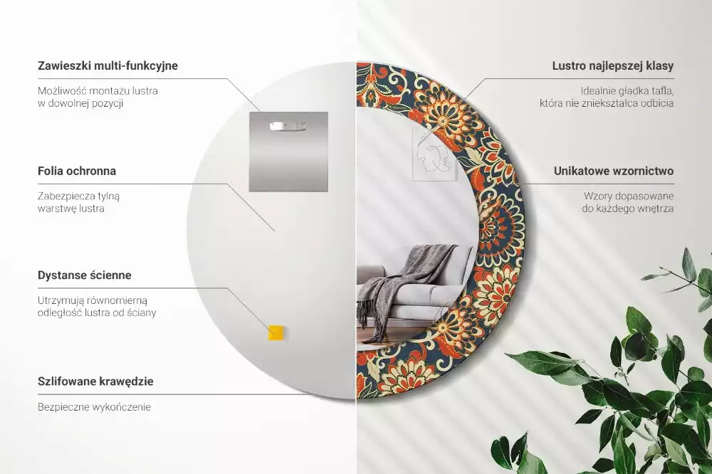 Lustro w metalowej ramie z nadrukiem w stylu retro z motywem kwiatowym, okrągłe