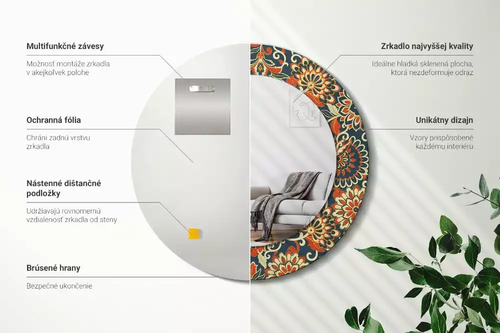 Lustro w metalowej ramie z nadrukiem w stylu retro z motywem kwiatowym, okrągłe