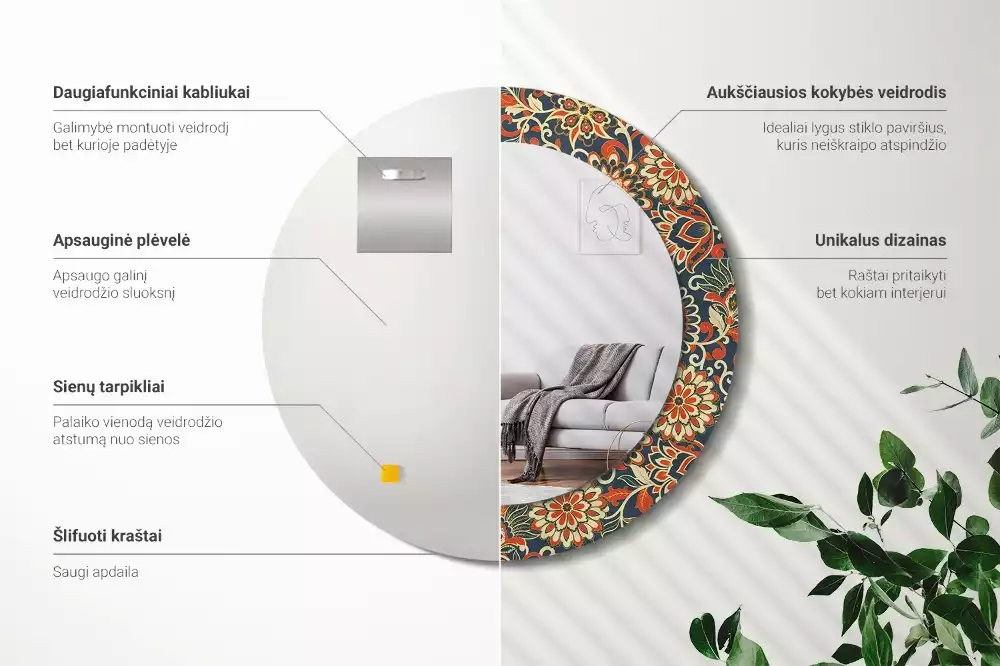 Lustro w metalowej ramie z nadrukiem w stylu retro z motywem kwiatowym, okrągłe