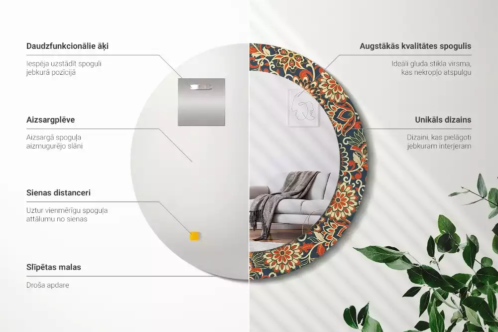 Lustro w metalowej ramie z nadrukiem w stylu retro z motywem kwiatowym, okrągłe