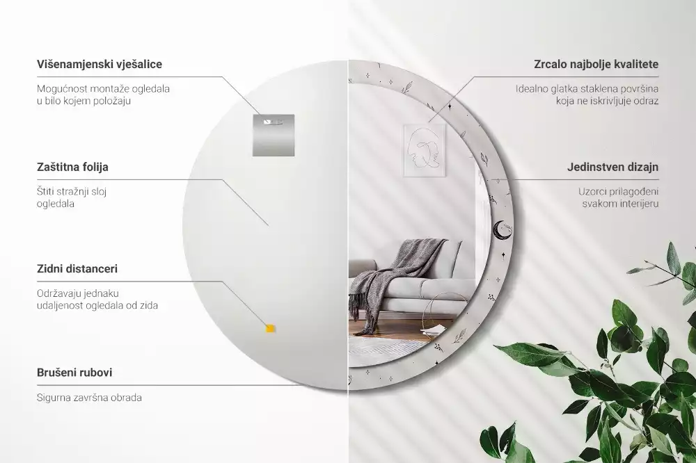 Lustro ścienne dekoracyjne w kształcie koła z motywem doodle roślin