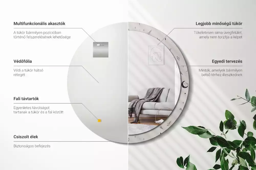 Lustro ścienne dekoracyjne w kształcie koła z motywem doodle roślin