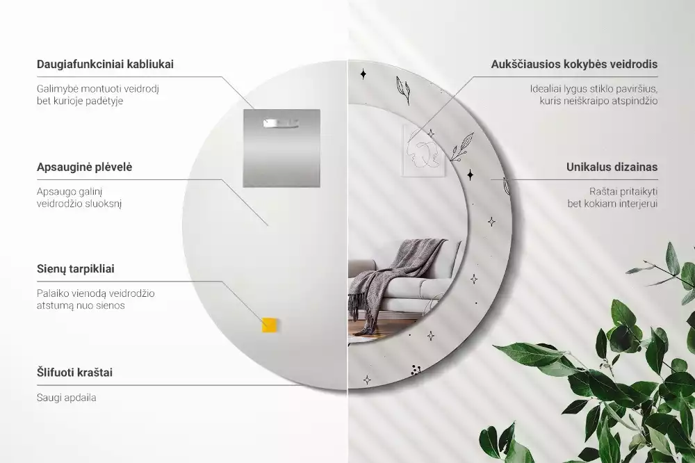 Lustro ścienne dekoracyjne w kształcie koła z motywem doodle roślin