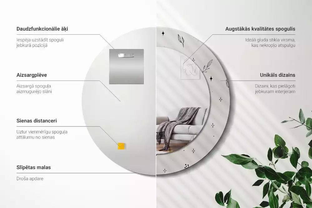 Lustro ścienne dekoracyjne w kształcie koła z motywem doodle roślin