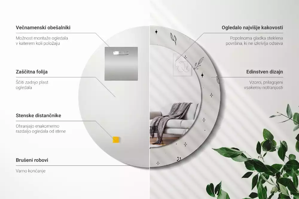 Lustro ścienne dekoracyjne w kształcie koła z motywem doodle roślin