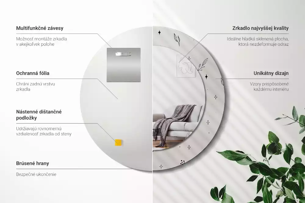 Lustro ścienne dekoracyjne w kształcie koła z motywem doodle roślin