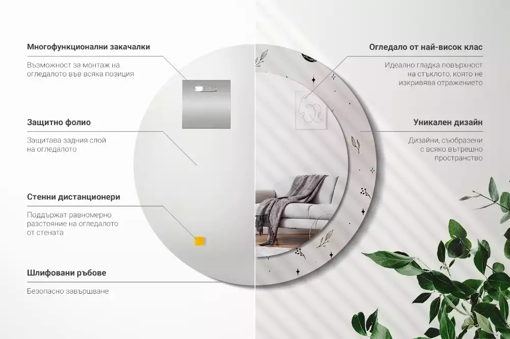 Lustro ścienne dekoracyjne w kształcie koła z motywem doodle roślin