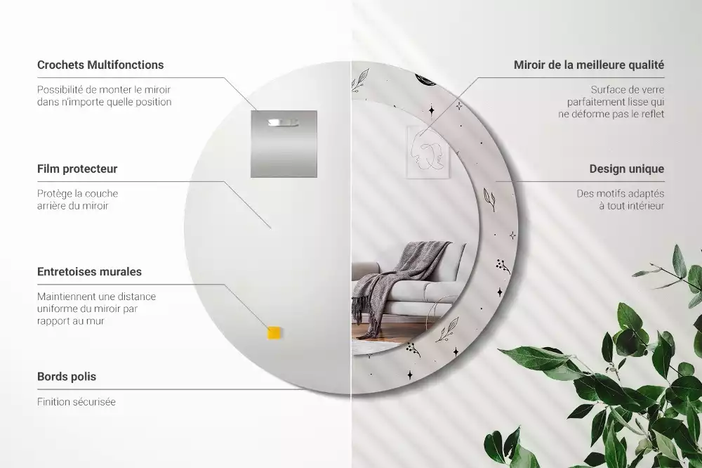 Lustro ścienne dekoracyjne w kształcie koła z motywem doodle roślin