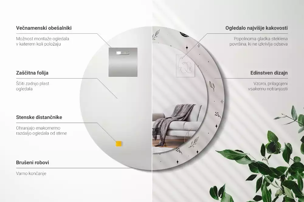 Lustro ścienne dekoracyjne w kształcie koła z motywem doodle roślin