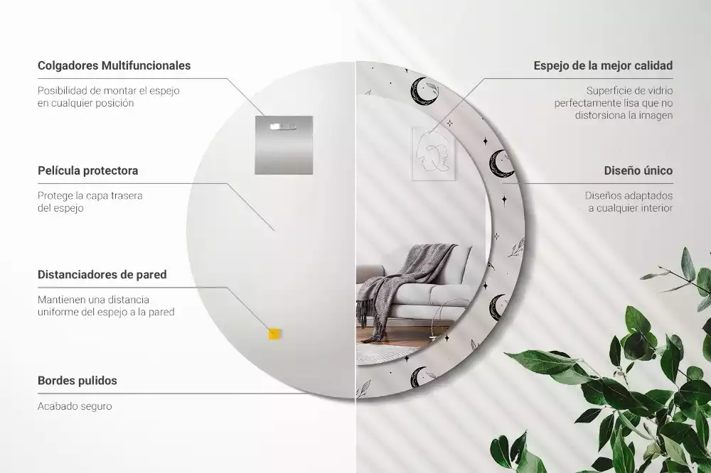 Lustro ścienne dekoracyjne w kształcie koła z motywem doodle roślin