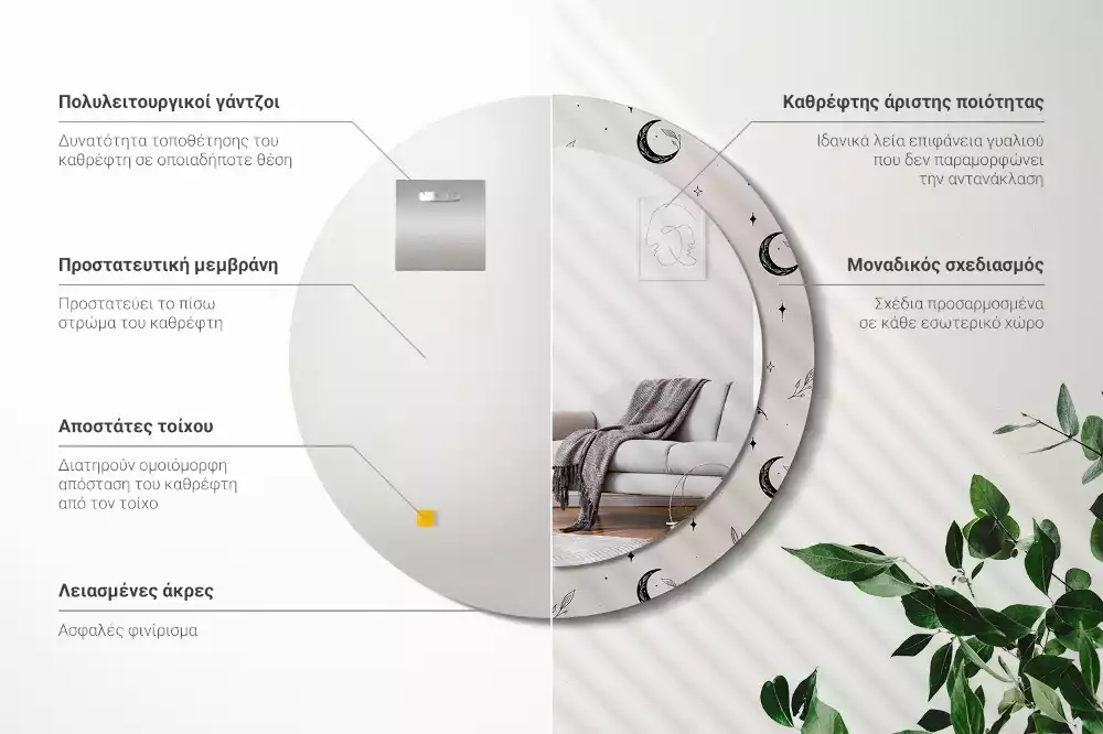 Lustro ścienne dekoracyjne w kształcie koła z motywem doodle roślin