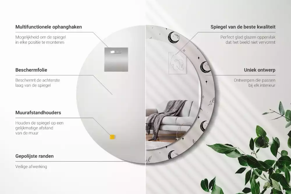 Lustro ścienne dekoracyjne w kształcie koła z motywem doodle roślin