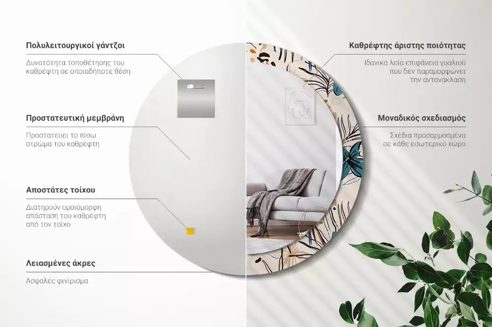 Lustro ścienne dekoracyjne okrągłe z motywem kwiatów i wzorem dżungli