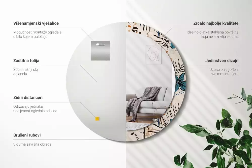 Lustro ścienne dekoracyjne okrągłe z motywem kwiatów i wzorem dżungli