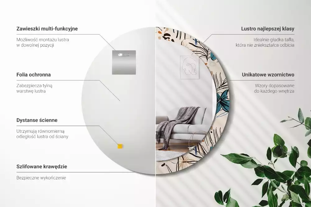 Lustro ścienne dekoracyjne okrągłe z motywem kwiatów i wzorem dżungli