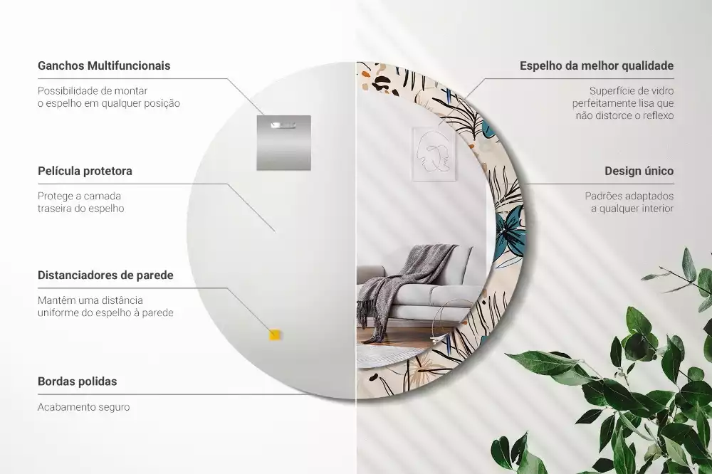 Lustro ścienne dekoracyjne okrągłe z motywem kwiatów i wzorem dżungli