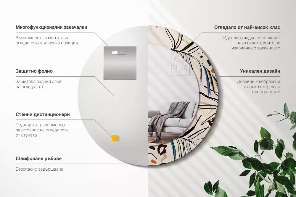 Lustro ścienne dekoracyjne okrągłe z motywem kwiatów i wzorem dżungli