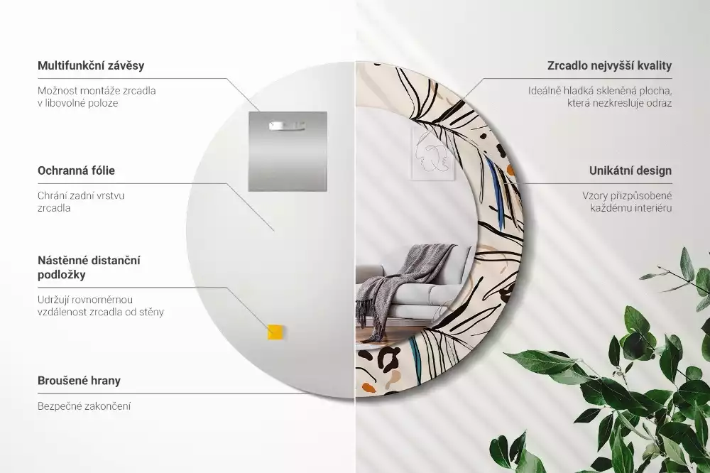 Lustro ścienne dekoracyjne okrągłe z motywem kwiatów i wzorem dżungli
