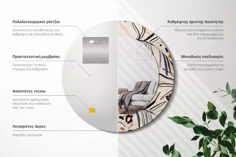 Lustro ścienne dekoracyjne okrągłe z motywem kwiatów i wzorem dżungli