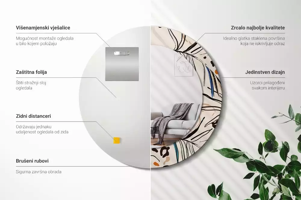 Lustro ścienne dekoracyjne okrągłe z motywem kwiatów i wzorem dżungli