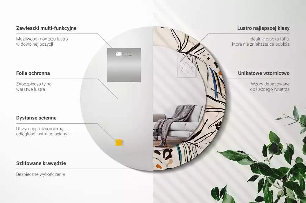 Lustro ścienne dekoracyjne okrągłe z motywem kwiatów i wzorem dżungli