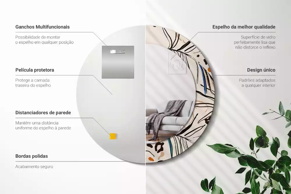 Lustro ścienne dekoracyjne okrągłe z motywem kwiatów i wzorem dżungli